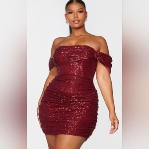 NWT Pretty Little Thing Plus Burgundy Sequin Bardot Bodycon Dress